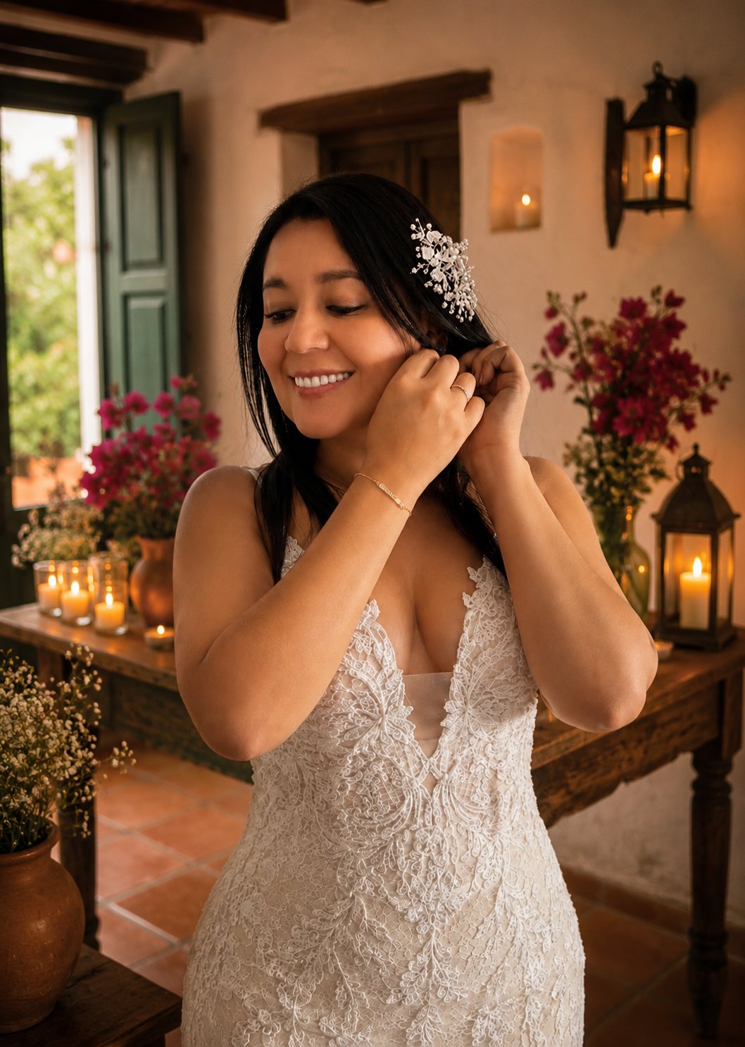 Novia poniéndose el tocado entre velas